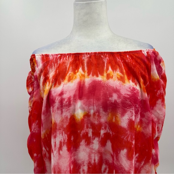 Calvin Klein Cinched Sleeve Chiffon Tie Dye Top Ginger Combo Sz L - Picture 6 of 11